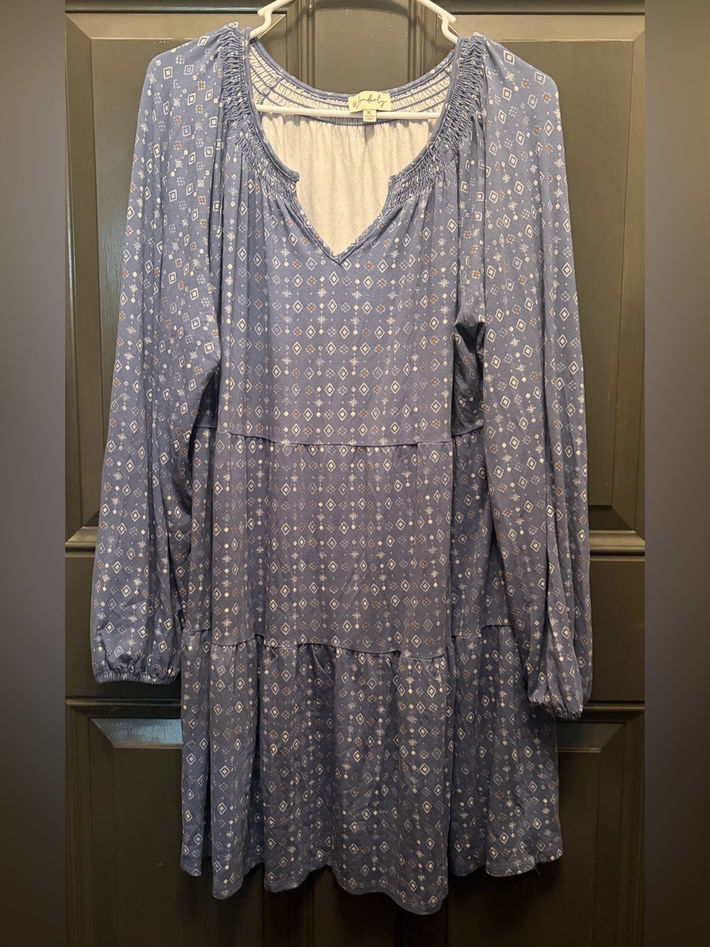 Wonderly - Boho Long-Sleeve Blue Printed Tiered Dress - Size XLG